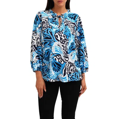 Sunny Leigh Printed Mesh Long Sleeve Top In Blue