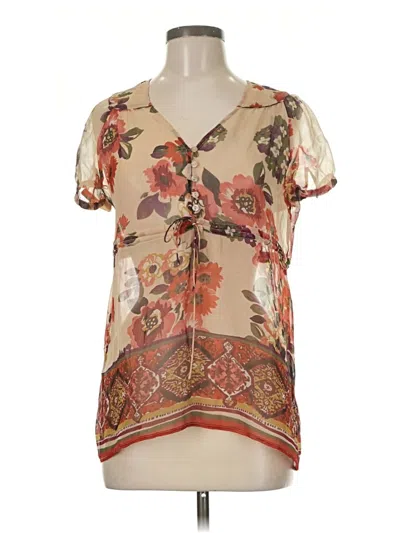 Pre-owned Sunny Leigh Short Sleeve Silk Top Tan V-neck Tops In Brown