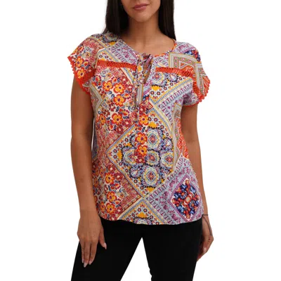 Sunny Leigh Tie Keyhole Cap Sleeve Top In Multi