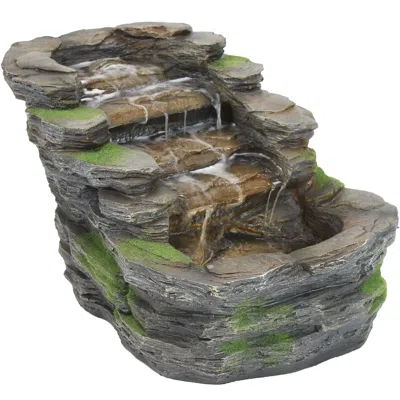 SUNNYDAZE 14"H ELECTRIC POLYRESIN SHALE FALLS OUTDOOR WATER FOUNTAIN WITH LED LIGHTS