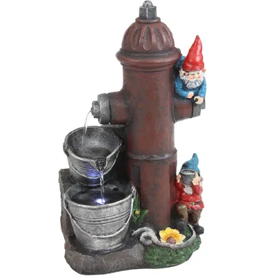 Sunnydaze 16"h Electric Polyresin Gnomes Climbing Fire Hydrant Outdoor Water Fountain With Led Light