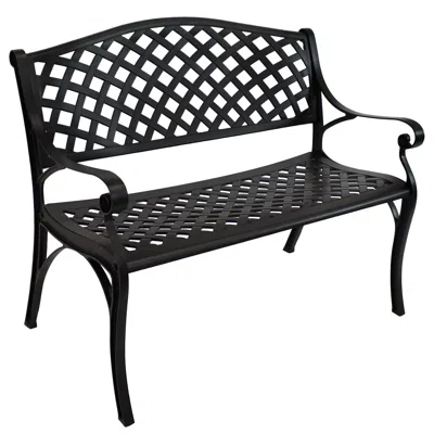 SUNNYDAZE 2-PERSON CHECKERED DESIGN CAST ALUMINUM OUTDOOR PATIO BENCH, BLACK
