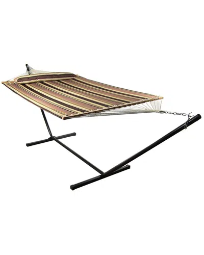 Sunnydaze 2-person Quilted Fabric Spreader Bar Hammock W/ 12' Stand -sandy Beach In Brown