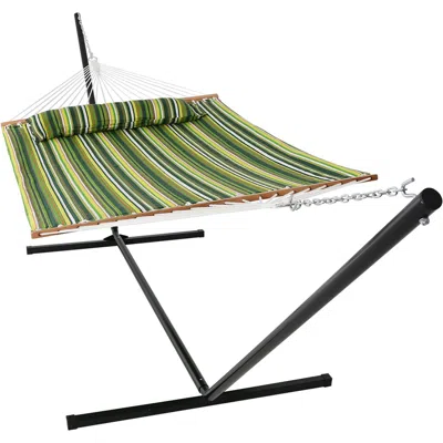 Sunnydaze 2-person Quilted Fabric Spreader Bar Hammock With Detachable Pillow And Stand - 400 Lb Weight Capaci In Green