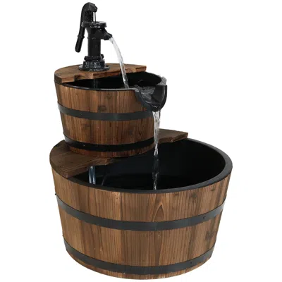 Sunnydaze 23"h Electric Fir Wood 2-tier Farmhouse Barrel With Metal Decorative Hand Pump Outdoor Water Fountai In Brown