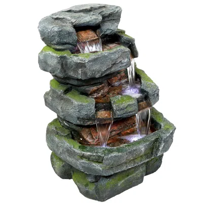 Sunnydaze 24"h Electric Polyresin And Fiberglass Tiered Stone Waterfall Outdoor Water Fountain With Led Lights