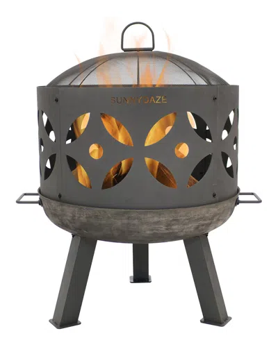 Sunnydaze 26in Fire Pit Cast Iron With Gray Finish Retro Design With Spark Screen In Silver