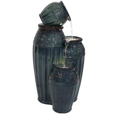 SUNNYDAZE 27"H ELECTRIC CERAMIC DARK TURQUOISE TOUR DE VASE OUTDOOR WATER FOUNTAIN WITH LED LIGHTS