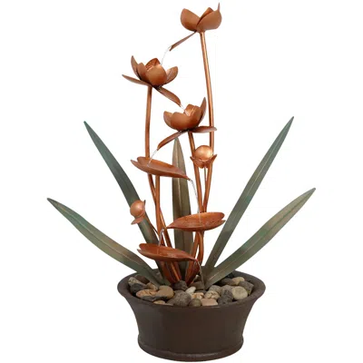 SUNNYDAZE 28"H ELECTRIC POLYRESIN COPPER-LOOK FLOWER BLOSSOMS OUTDOOR WATER FOUNTAIN