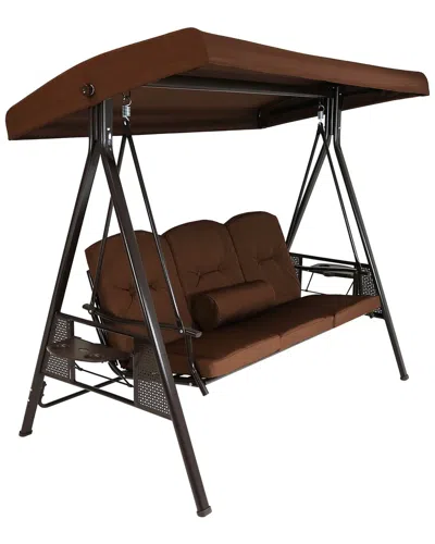 Sunnydaze 3-person Steel Frame Outdoor Canopy Swing With Side Tables In Brown