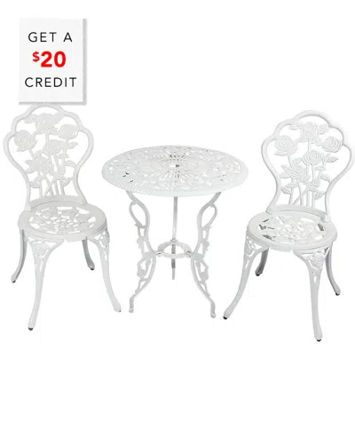 SUNNYDAZE SUNNYDAZE 3-PIECE WHITE FLOWER DESIGNED CAST ALUMINUM PATIO FURNITURE BISTRO SET WITH $20 CREDIT
