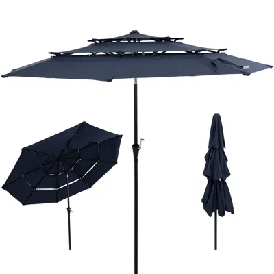 Sunnydaze 3-tier Outdoor Patio Umbrella With Polyester Canopy, Push Button Tilt And Crank - 10' - Navy In Blue