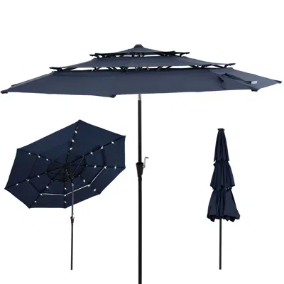 Sunnydaze 3-tier Outdoor Patio Umbrella With Polyester Canopy, Solar Led Lights, Push Button Tilt And Crank -