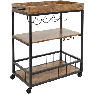 Sunnydaze 3 Tier Rustic Industrial Style Rolling Indoor Bar Cart With Wine Bottle And Stemware Rack
