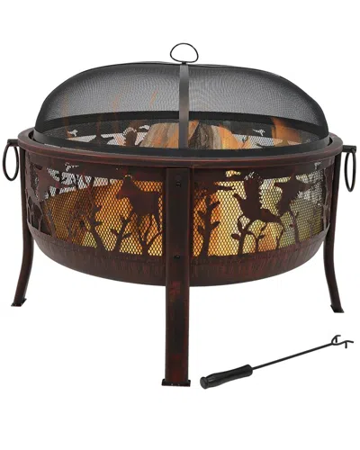 Sunnydaze 30in Fire Pit Steel With Northwoods Fishing Design And Spark Screen In Bronze