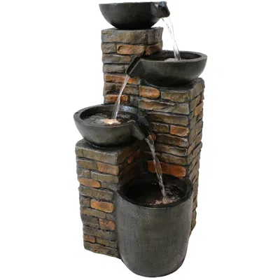 Sunnydaze 34"h Electric Polyresin Staggered Bowls Tiered Outdoor Water Fountain With Led Lights In Brown