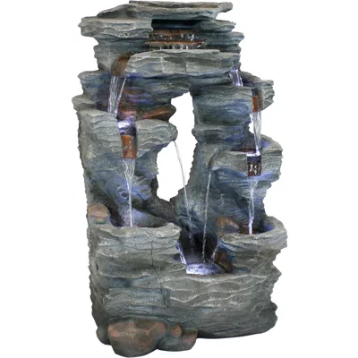 Sunnydaze 39"h Electric Polyresin And Fiberglass Dual Cascading Falls Outdoor Water Fountain With Led Lights In Grey