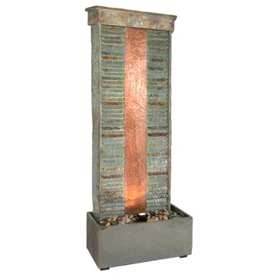 SUNNYDAZE 48"H ELECTRIC NATURAL SLATE WITH COPPER ACCENTS RIPPLED COLUMN OUTDOOR WATER FOUNTAIN WITH LED SPOTL