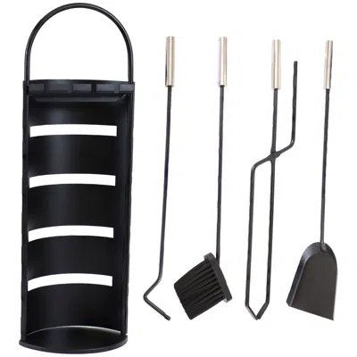 Sunnydaze 4pc Fireplace Tool Set With Slotted Shroud Holder - Black