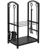 Sunnydaze 5pc Indoor/outdoor Steel Log Holder With Fireplace Tool Set, Tongs, Poker, Shovel And Brush - Black In Multi