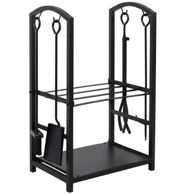 Sunnydaze 5pc Indoor/outdoor Steel Log Holder With Fireplace Tool Set, Tongs, Poker, Shovel And Brush - Black In Multi