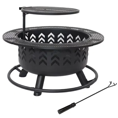 Sunnydaze Arrow Motif Heavy-duty Steel Fire Pit With Cooking Grate, And Pvc Cover - 32-inch Round - Black