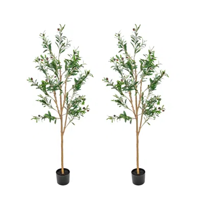 SUNNYDAZE ARTIFICIAL OLIVE TREE TALL FAUX SILK PLANT FOR INDOOR SPACES IN BLACK PLANTER BASE - 5 FT - 2PK