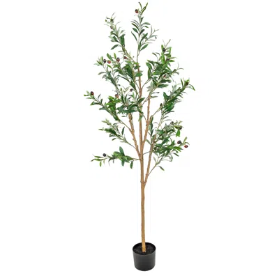 Sunnydaze Artificial Olive Tree Tall Faux Silk Plant For Indoor Spaces In Black Planter Base - 5 Ft In Green