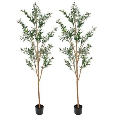 Sunnydaze Artificial Olive Tree Tall Faux Silk Plant For Indoor Spaces In Black Planter Base - 7 Ft - 2pk