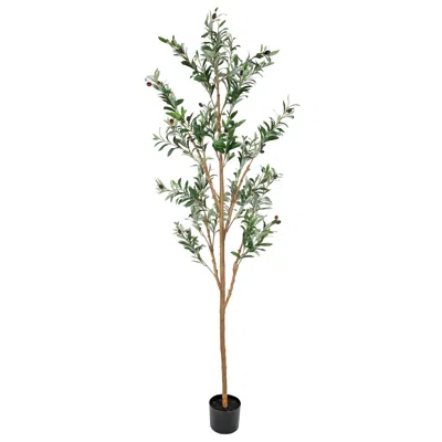 SUNNYDAZE ARTIFICIAL OLIVE TREE TALL FAUX SILK PLANT FOR INDOOR SPACES IN BLACK PLANTER BASE - 7 FT