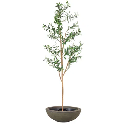 Sunnydaze Artificial Olive Tree Tall Faux Silk Plant With Round Planter - 7 Ft
