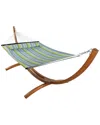 Sunnydaze Blue & Green Quilted Hammock With 12' Arc Wood Stand In Blue