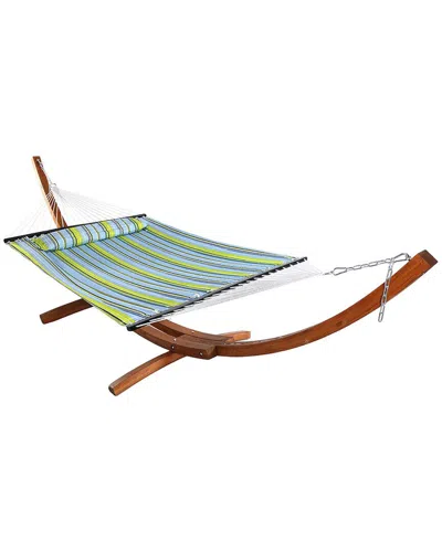 Sunnydaze Blue & Green Quilted Hammock With 13' Arc Wood Stand