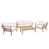 Sunnydaze Bodie Acacia Wood Patio Conversation Set With Loveseat, Armchairs, And Table - 4pc - Natural/bone Wh