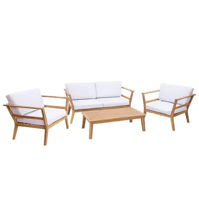 Sunnydaze Bodie Acacia Wood Patio Conversation Set With Loveseat, Armchairs, And Table - 4pc - Natural/bone Wh