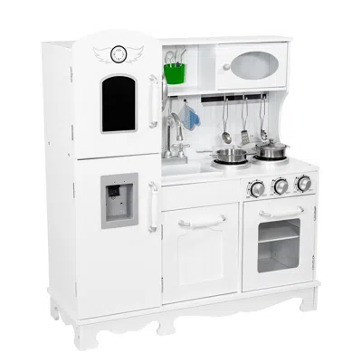 Sunnydaze Chef Sounds Mdf Kitchen Playset With Lights, Sounds, And Stainless Steel Accessories - White