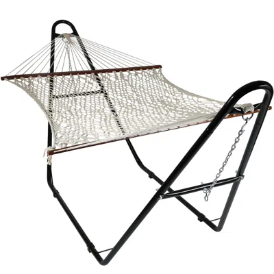Sunnydaze Cotton Double Wide 2-person Rope Hammock With Spreader Bars And Multi-use Steel Stand - 450 Lb Weigh In Off-white