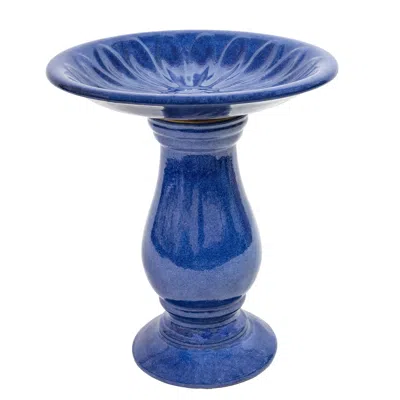 Sunnydaze Daisy Embossed Bowl Ceramic Bird Bath With Glazed Finish - Blue - 21.5" H