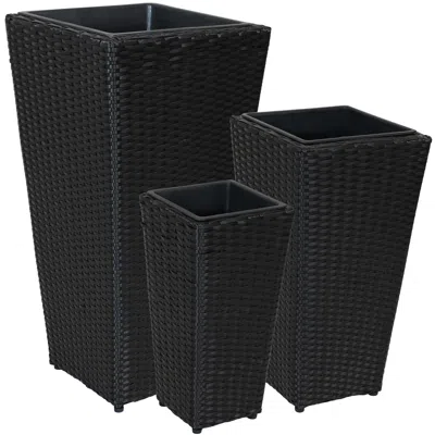 Sunnydaze Decorative Square Polyrattan Basket-style Planters - 9", 11.5", And 14.75" Square - Black - 3-piece