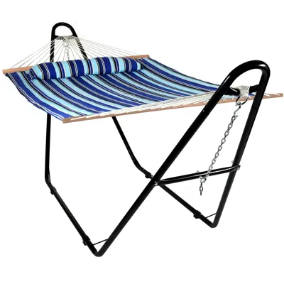 Sunnydaze Double Quilted Fabric Hammock With Universal Steel Stand - 450-pound Capacity In Blue