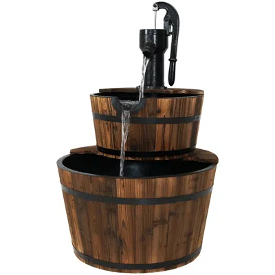 Sunnydaze Electric Fir Wood 2-tier Farmhouse Barrel With Metal Decorative Hand Pump Outdoor Water Fountain