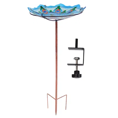 SUNNYDAZE EXQUISITE FEATHERS DECK-MOUNTED/STAKED GLASS BIRD BATH - 11" DIAMETER - TURQUOISE