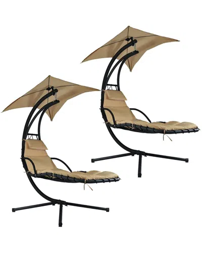 Sunnydaze Floating Chaise Lounger Swing Chair W/canopy Umbrella In Brown