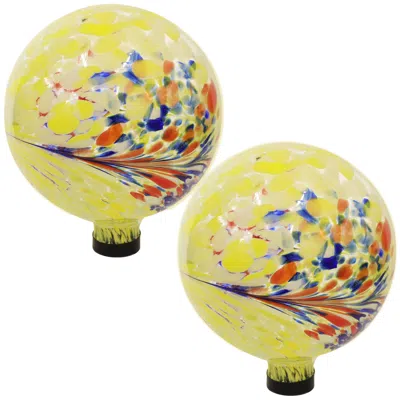 Sunnydaze Floral Spring Splash Gazing Globe - 10" Diameter - White, Blue, And Green