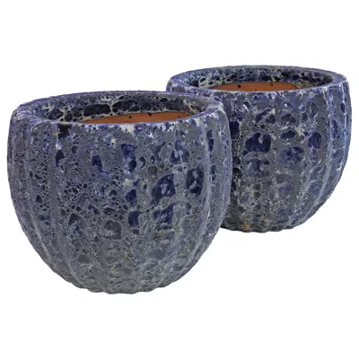 Sunnydaze Fluted Lava Finish Ceramic Planter - Dark Blue - 10" Round - Set Of 2