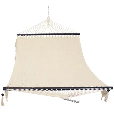 Sunnydaze Heavy-duty 2-person Woven Polyester Style Hammock With Crocheted Edges And Wooden Spreader Bars - 60 In Neutral