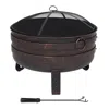 Sunnydaze Heavy-duty Steel Cauldron Fire Pit With Spark Screen And Pvc Protective Cover - 28.5-inch Round - Br