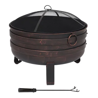 Sunnydaze Heavy-duty Steel Cauldron Fire Pit With Spark Screen And Pvc Protective Cover - 28.5-inch Round - Br