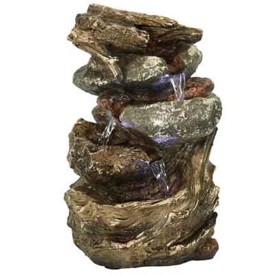 Sunnydaze Indoor Home Decorative Tiered Rock And Log Waterfall Tabletop Water Fountain With Led Lights - 10" In Green