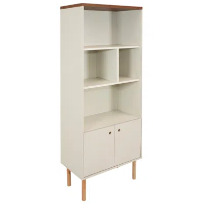 Sunnydaze Indoor Mid-century Modern 5-shelf Bookshelf With Storage Cabinet - Latte In White